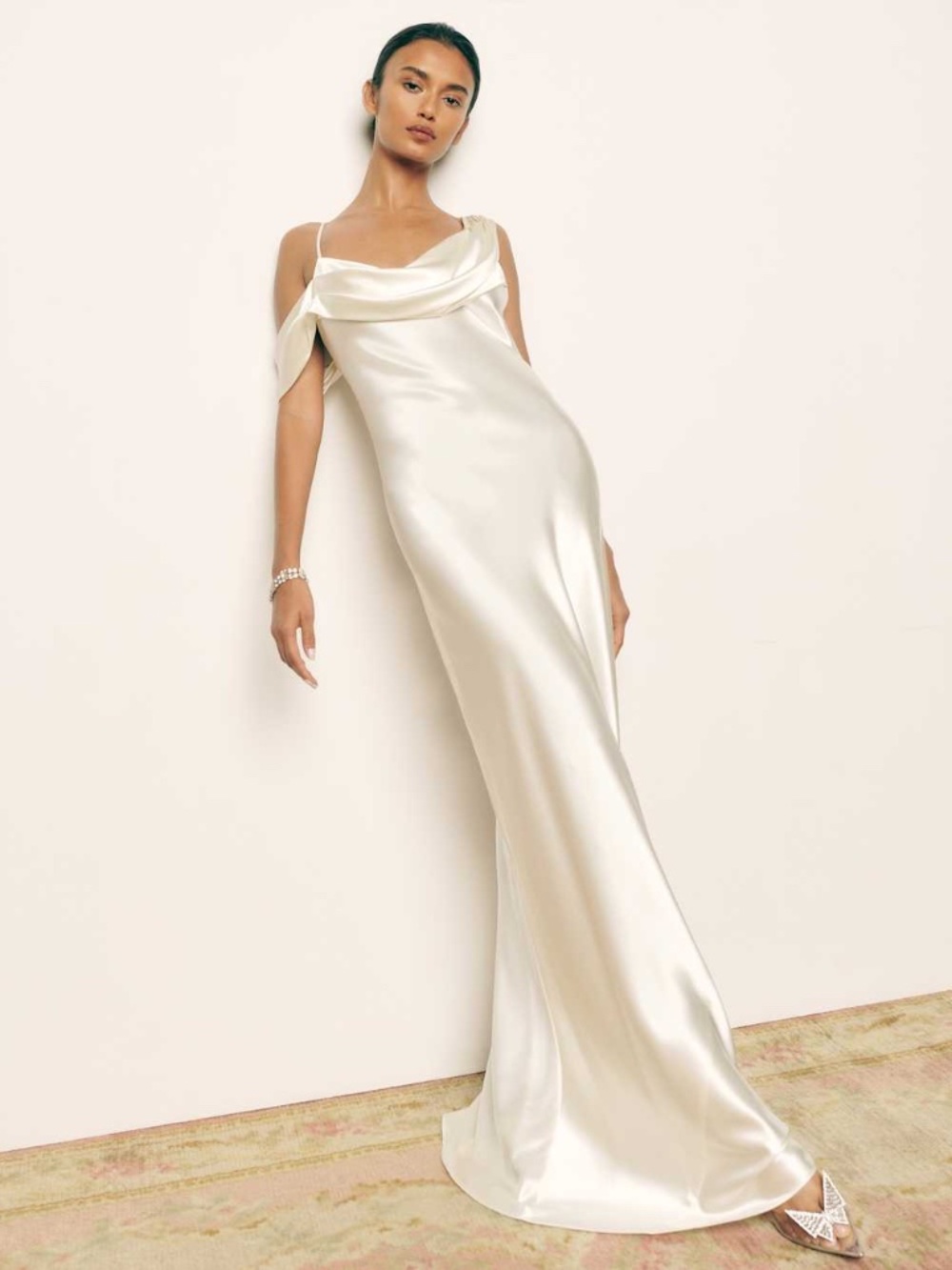 Reformation RONDA White Ivory Silk Maxi Dress Gown Drape - w/ tags - Size 8